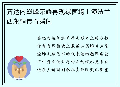 齐达内巅峰荣耀再现绿茵场上演法兰西永恒传奇瞬间